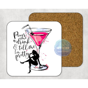 Pretty pink drink coasters, art coasters, home and garden decor, letter box gift, MDF coasters