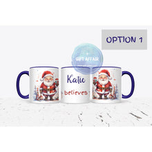Load image into Gallery viewer, personalised 11oz navy blue mug with Santa holding hot drink