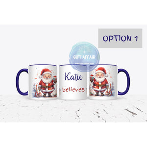 personalised 11oz navy blue mug with Santa holding hot drink