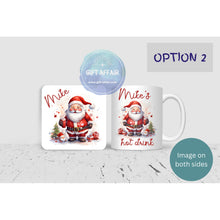 Load image into Gallery viewer, Personalised Santa coffe tea mug and coaster set, 11oz Christmas mug for hot chocolate and coaster, Secret Santa gift, keepsake, 2 patterns