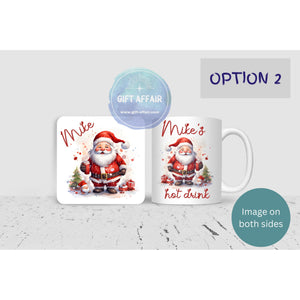 Personalised Santa coffe tea mug and coaster set, 11oz Christmas mug for hot chocolate and coaster, Secret Santa gift, keepsake, 2 patterns