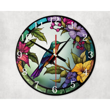 Load image into Gallery viewer, Hummingbird glass wall clock, wall decor, faux stained glass, housewarming gift, birthday gift for family, freinds and colleagues