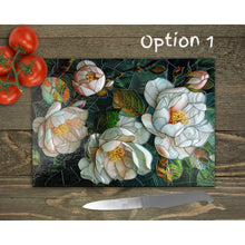 Load image into Gallery viewer, White Camellia Glass Chopping Board | Floral Kitchen Decor | Unique Cooking Gift | Housewarming Gift | Home Placemats - 3 Patterns