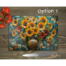 Load image into Gallery viewer, Sunflowers Bouquet Glass Chopping Board | Floral Kitchen Decor | Unique Cooking Gift | Housewarming Gift | Home Placemats | 4 Patterns