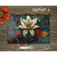 Load image into Gallery viewer, White Flower Glass Chopping Board | Faux Stained Glass Floral Kitchen Decor | Cooking Gift | Housewarming Gift | Home Placemats | 5 Patterns