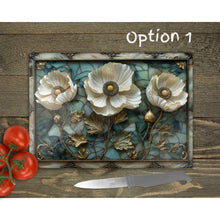 Load image into Gallery viewer, White Poppies Glass Chopping Board | Faux Stained Glass Floral Kitchen Decor | Cooking Gift | Housewarming Gift | Placemats | 3 Patterns