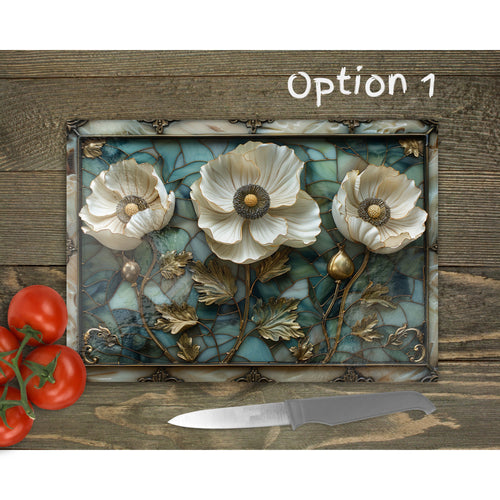 White Poppies Glass Chopping Board | Faux Stained Glass Floral Kitchen Decor | Cooking Gift | Housewarming Gift | Placemats | 3 Patterns