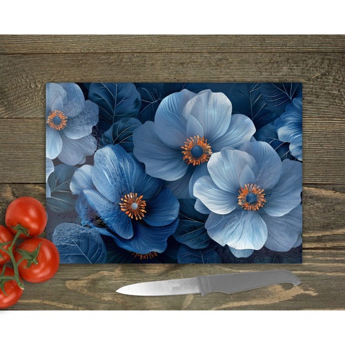 Blue Flowers Glass Chopping Board | Floral Kitchen Decor | Cooking Gift | Housewarming Gift | Placemats | Mother's Day Gift | Unique Design