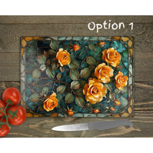 Load image into Gallery viewer, Golden Roses Glass Chopping Board | Faux Stained Glass Floral Kitchen Decor | Housewarming Gift | Placemats | Mother&#39;s Day Gift | 4 Patterns