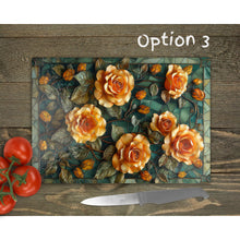 Load image into Gallery viewer, Golden Roses Glass Chopping Board | Faux Stained Glass Floral Kitchen Decor | Housewarming Gift | Placemats | Mother&#39;s Day Gift | 4 Patterns