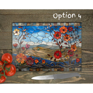 Flower FIeld Glass Chopping Board | Faux Stained Glass Floral Kitchen Decor | Housewarming Gift | Placemats | Mother's Day Gift | 4 Patterns