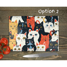 Load image into Gallery viewer, Cat Crowd Glass Chopping Board | Unique Kitchen Decor | Housewarming Gift | Placemat | Birthday Gift | Cat Lover Gift | 4 Patterns