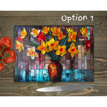 Load image into Gallery viewer, Daffodils Glass Chopping Board | Fax Stained Glass Kitchen Decor | Housewarming Gift | Placemat | Birthday Gift | Spring Decor | 6 Patterns