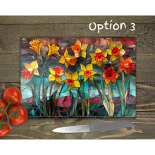 Load image into Gallery viewer, Daffodils Glass Chopping Board | Fax Stained Glass Kitchen Decor | Housewarming Gift | Placemat | Birthday Gift | Spring Decor | 6 Patterns