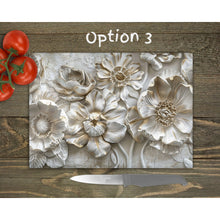 Load image into Gallery viewer, White Flowers Glass Chopping Board | 3D effect Glass Kitchen Decor | New Home Gift | Placemat | Birthday, Mother&#39;s Day Gift | 3 Patterns