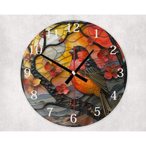 Bullfinch glass wall clock, wall decor, faux stained glass, housewarming gift, birthday gift for family, freinds and colleagues