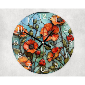 Red poppies glass wall clock, wall decor, 3D effect faux stained glass, housewarming gift, birthday gift for family, freinds and colleagues