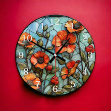 Load image into Gallery viewer, Red poppies glass wall clock, wall decor, 3D effect faux stained glass, housewarming gift, birthday gift for family, freinds and colleagues