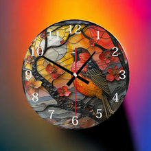 Load image into Gallery viewer, Bullfinch glass wall clock, wall decor, faux stained glass, housewarming gift, birthday gift for family, freinds and colleagues