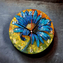 Load image into Gallery viewer, Blue Flower Round Glass Wall Clock - Faux Mosaic Design - 3D Effect - Housewarming &amp; Birthday Gift