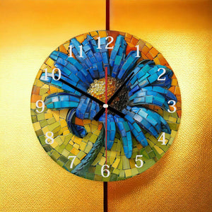 Blue Flower Round Glass Wall Clock - Faux Mosaic Design - 3D Effect - Housewarming & Birthday Gift