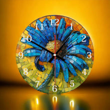 Load image into Gallery viewer, Blue Flower Round Glass Wall Clock - Faux Mosaic Design - 3D Effect - Housewarming &amp; Birthday Gift