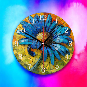 Blue Flower Round Glass Wall Clock - Faux Mosaic Design - 3D Effect - Housewarming & Birthday Gift