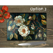 Load image into Gallery viewer, White Camellia Glass Chopping Board | Floral Kitchen Decor | Unique Cooking Gift | Housewarming Gift | Home Placemats - 3 Patterns