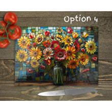Load image into Gallery viewer, Sunflowers Bouquet Glass Chopping Board | Floral Kitchen Decor | Unique Cooking Gift | Housewarming Gift | Home Placemats | 4 Patterns