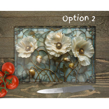 Load image into Gallery viewer, White Poppies Glass Chopping Board | Faux Stained Glass Floral Kitchen Decor | Cooking Gift | Housewarming Gift | Placemats | 3 Patterns