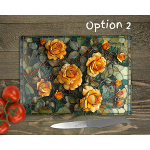 Golden Roses Glass Chopping Board | Faux Stained Glass Floral Kitchen Decor | Housewarming Gift | Placemats | Mother's Day Gift | 4 Patterns