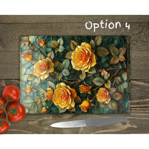 Golden Roses Glass Chopping Board | Faux Stained Glass Floral Kitchen Decor | Housewarming Gift | Placemats | Mother's Day Gift | 4 Patterns