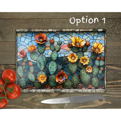 Cactus Bloom Glass Chopping Board | Faux Stained Glass Floral Kitchen Decor | Housewarming Gift | Placemats | Mother's Day Gift | 4 Patterns