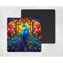 Load image into Gallery viewer, Peacock Coasters | Neoprene coasters gift | Faux stained glass home, garden decor | Letterbox gift | Housewarming gift | Set of 4 coasters