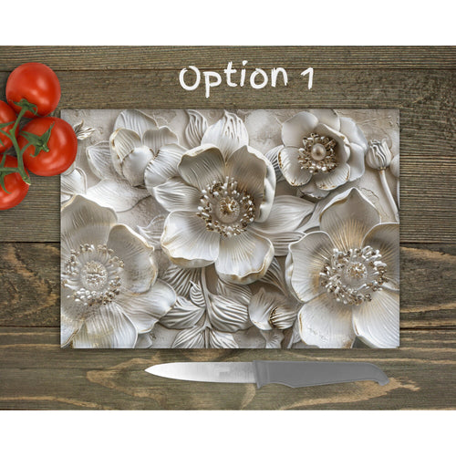 White Flowers Glass Chopping Board | 3D effect Glass Kitchen Decor | New Home Gift | Placemat | Birthday, Mother's Day Gift | 3 Patterns