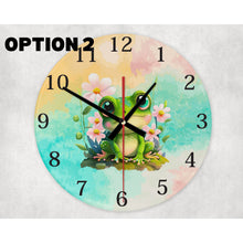 Load image into Gallery viewer, Happy Frog glass wall clock, wall decor, pastel colours housewarming gift, birthday gift for family, freinds and colleagues; 3 patterns