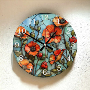 Red poppies glass wall clock, wall decor, 3D effect faux stained glass, housewarming gift, birthday gift for family, freinds and colleagues