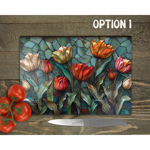 Tulips Glass Chopping Board | Faux Stained Glass Kitchen Decor | New Home Gift | Placemat | Birthday, Mother's Day Gift | 3 Patterns