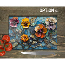 Load image into Gallery viewer, Pansies Glass Chopping Board | Faux Stained Glass Kitchen Decor | New Home Gift | Placemat | Birthday, Mother&#39;s Day Gift | 4 Patterns