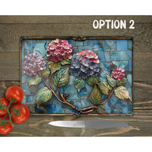 Load image into Gallery viewer, Hydrangea Glass Chopping Board | Faux Stained Glass Kitchen Decor | New Home Gift | Placemat | Birthday, Mother&#39;s Day Gift | 4 Patterns
