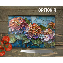 Load image into Gallery viewer, Hydrangea Glass Chopping Board | Faux Stained Glass Kitchen Decor | New Home Gift | Placemat | Birthday, Mother&#39;s Day Gift | 4 Patterns