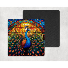 Load image into Gallery viewer, Peacock Coasters | Neoprene coasters gift | Faux stained glass home, garden decor | Letterbox gift | Housewarming gift | Set of 4 coasters