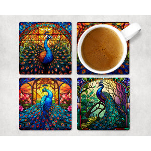 Peacock Coasters | Neoprene coasters gift | Faux stained glass home, garden decor | Letterbox gift | Housewarming gift | Set of 4 coasters