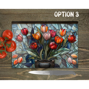 Tulips Glass Chopping Board | Faux Stained Glass Kitchen Decor | New Home Gift | Placemat | Birthday, Mother's Day Gift | 3 Patterns