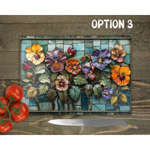 Load image into Gallery viewer, Pansies Glass Chopping Board | Faux Stained Glass Kitchen Decor | New Home Gift | Placemat | Birthday, Mother&#39;s Day Gift | 4 Patterns