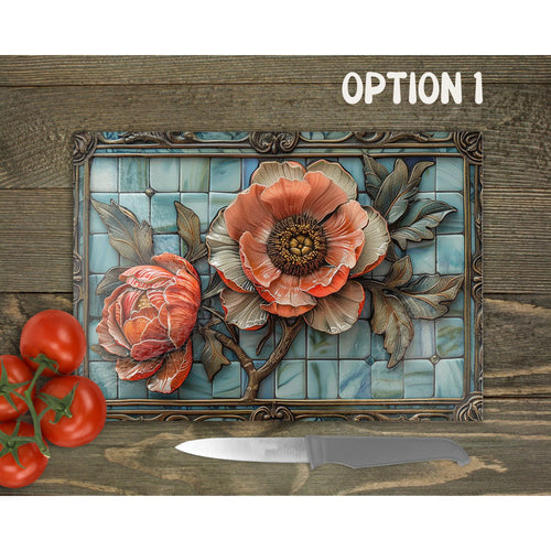 Peony Glass Chopping Board | Faux Stained Glass Kitchen Decor | New Home Gift | Placemat | Birthday, Mother's Day Gift | 3 Patterns