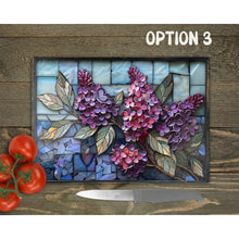 Load image into Gallery viewer, Artisan Tempered Glass Faux Stained Glass Cutting Board - Lilac Blooms Design 28x20cm - Birthday, Mother&#39;s Day Gift - 3 Patterns