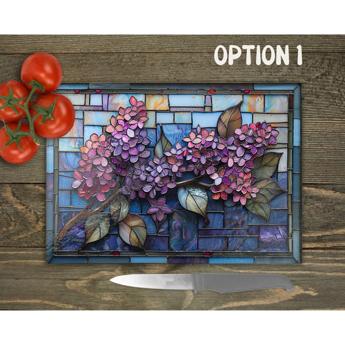 Artisan Tempered Glass Faux Stained Glass Cutting Board - Lilac Blooms Design 28x20cm - Birthday, Mother's Day Gift - 3 Patterns