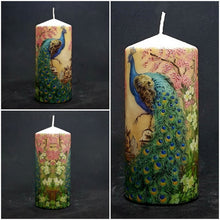 Load image into Gallery viewer, Large pillar candle, decorated candle, 3D effect, Royal Peacocks, Decorative candle, Unique gift, Art candle