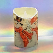 Load image into Gallery viewer, Christmas LED pillar candle, decorative flameless snow effect shimmer and sparkle child safe decor, night light, gift